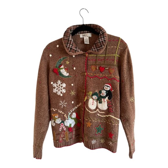 VTG Kikit Christmas Holiday Sweater Jacket Women's Large  Snowmen Grandmacore - Picture 1 of 4
